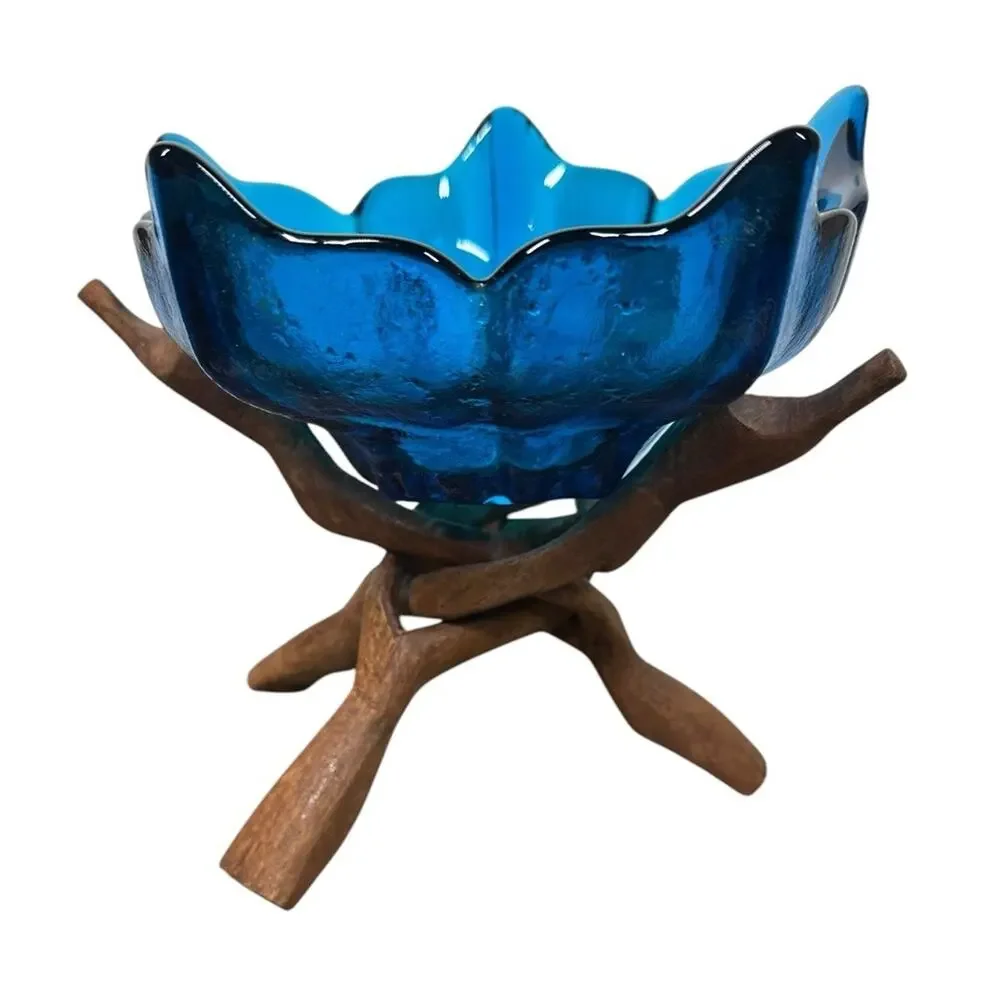 Vintage Blue Glass Lotus‎ Bowl with Carved Wooden Intertwined Tripod Stand India